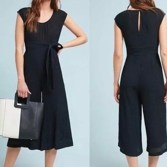 Anthropologie Pants - Anthropologie black one piece jump suit romper tie belt size 10